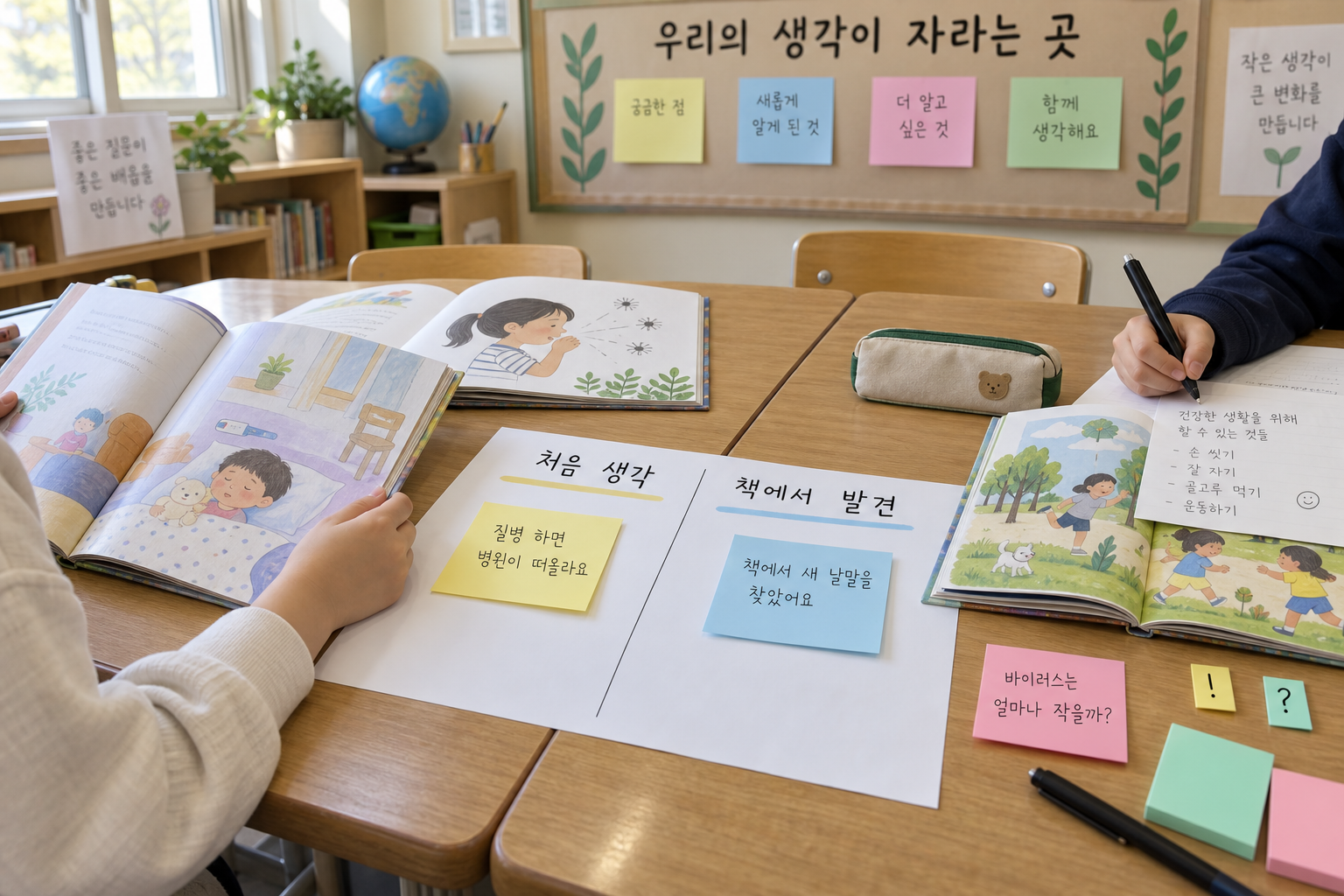 서로 다른 질병 관련 책과 노랑 처음 생각, 파랑 발견, 분홍 질문 포스트잇이 놓인 개인 생각 매트의 가상 수업 장면