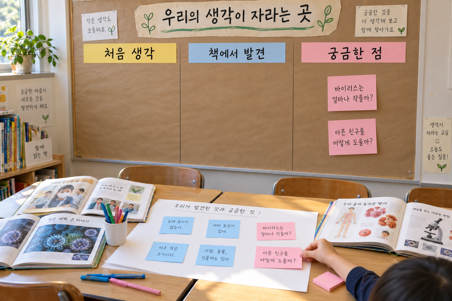 처음 생각, 책에서 발견, 궁금한 점의 세 칸 게시판과 파랑 발견 및 분홍 질문 포스트잇을 놓은 모둠 책상
